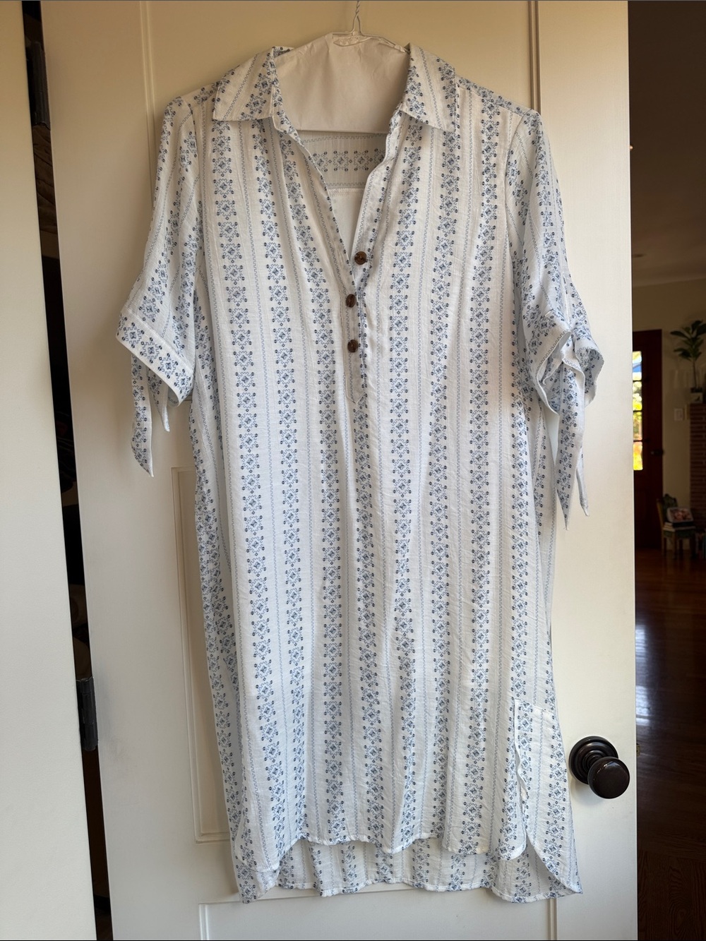 Light Blue Floral Stripe Midi Dress - Casual Button-Front